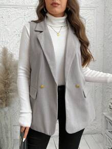 SHEIN LUNE Plus Size Women Lapel Collar Sleeveless Minimalistic Tweed Blazer Jacket Vest Fall Clothes Clothes Winter Clothes Business Casual Woman Work Blazer Business Blazer