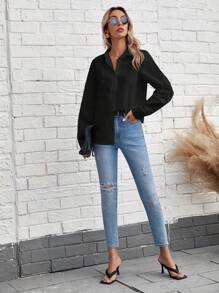 SHEIN Frenchy Women's Solid Color Single-Breasted Long Sleeve Blouse, Autumn - Black - View 5