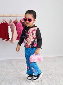 SHEIN Explorewe Baby Girls Cartoon Cat Character Digital Print Turtleneck Long Sleeve Top & Flared Pants Set, Warm And Comfortable New Fashion Essentials For Autumn/Winter