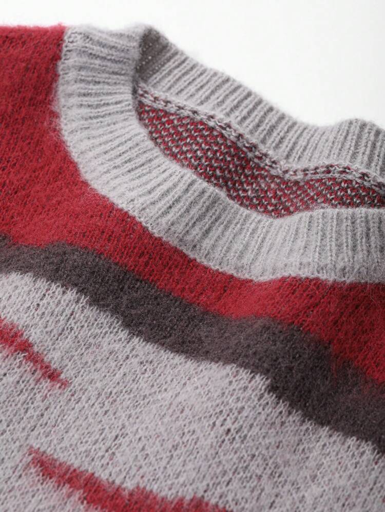 Men Asymmetrical Striped Print Round Neck Casual Pullover Sweater, Autumn