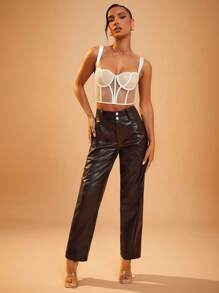 SHEIN Unity 1 条女式纯色纽扣前口袋简约设计长裤，休闲日常穿着