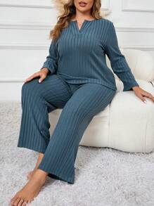 V-Neck Fleece Ribbed Long Sleeve Plus Size Pajama Set
