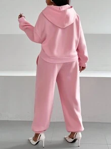 Maweii Conjunto de 2 piezas talla grande: sudadera holgada con bolsillo delantero y pantalón con cintura elástica para mujer, conjunto de atuendo informal - Rosa Pálido - Ver 2