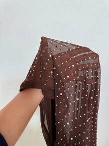 SHEIN Clasi Blusa de manga larga elegante de color café con detalles de strass para mujer, otoño - Café integral - Ver 7