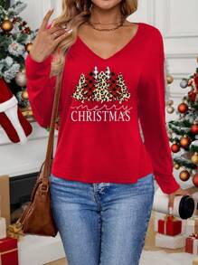 EMERY ROSE Christmas Casual V-Neck Long Sleeve Women's T-Shirt With Christmas Tree Pattern, Suitable For Autumn/Winter