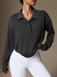 SHEIN Sports 1pc Solid Color Knitted Long Sleeve Outdoor Sports Sweatshirt - Black - View 4