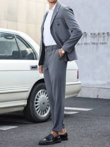 Manfinity Bizformal 2pcs Men Suit Set, Long Sleeve Blazer Jacket And Pants - Grey - View 3