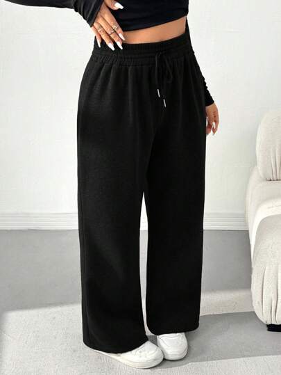 Plus Size Solid Color Drawstring Waist Casual Straight Leg Sweatpants