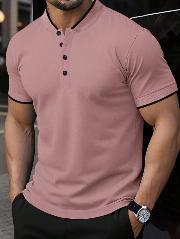 Manfinity Homme Men's Contrast Trim Button Casual Short Sleeve Polo Shirt