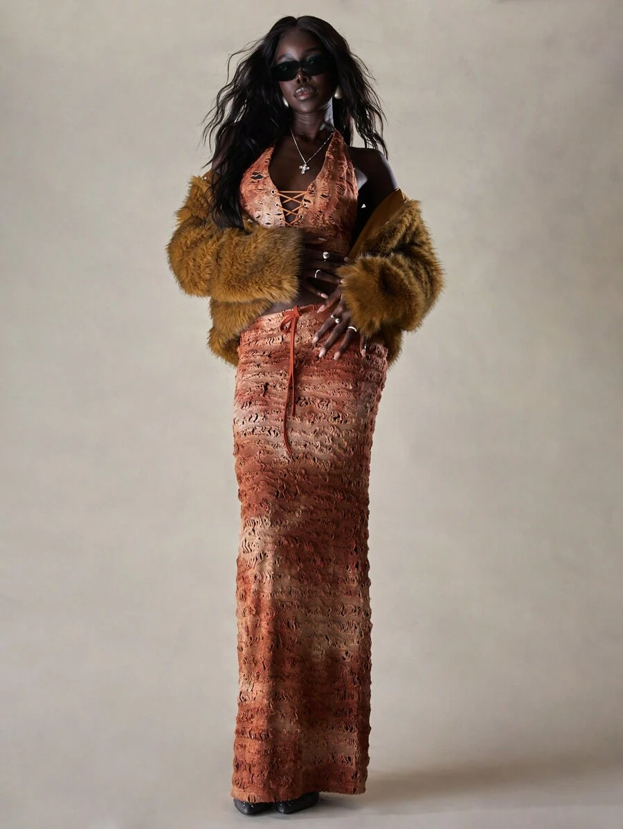 MISSGUIDED Distressed Maxi Skirt With Drawstring - Rust Brown - View 1