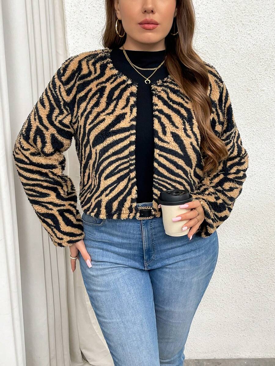 Calvaya Plus Size All-Over Print Winter Casual Long Sleeve Fluffy Jacket - Brown - View 1