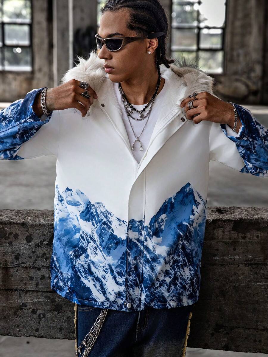 Teens/Young Men's Casual Cool Mountain Print Cozy Long Sleeve Hoodie Jacket - White - View 1