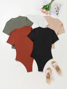 INAWLY 5 pièces/set body en couleur unie manches courtes, style décontracté, grandes tailles