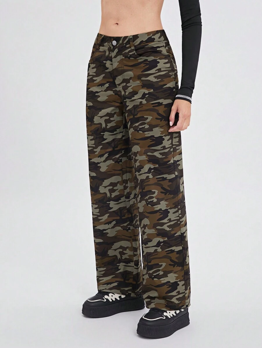 SHEIN EZwear 女士前口袋纽扣简约迷彩编织休闲裤 - 彩色 - 查看 1