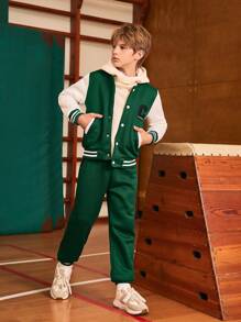 SHEIN 2 pièces/Set Veste bomber imprimée de lettres style collège et pantalon ample décontracté pour garçon préadolescent
