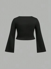 Flirla Plus Size Solid Color Crew Neck Long Sleeve Cropped Top, Casual Daily Wear