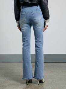 AiiRZ Washed Low Rise Flared Jeans With Belt - Blue - View 2