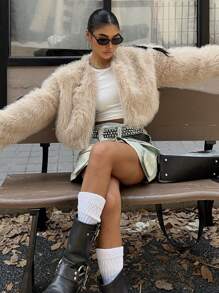 SHEIN EZwear 秋冬女士米色蓬松短款外套 - 杏色 - 查看 6