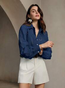 Anewsta Áo sơ mi thường ngày cổ bẻ dài tay thêu rỗng - Màu xanh hải quân - Xem 4