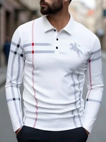 Manfinity Homme Men's Plaid Print Casual Commuter Long Sleeve Polo Shirt, Autumn,Boy Friend Gifts,White Polo - Multicolor - View 3