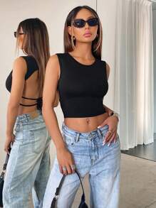 SHEIN SXY Áo ba lỗ hở lưng dáng ôm vừa vặn dành cho nữ - màu đen - Xem 7