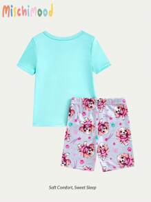 Baby Girl Simple & Cute Puppy Printed Snug Fit Short Sleeve Shorts Two Pieces Homewear Set - Multicolor - View 2