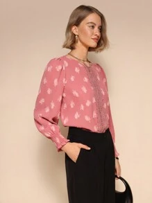Chiquease Blusa elegante de manga larga con cuello redondo y parches de encaje para mujer