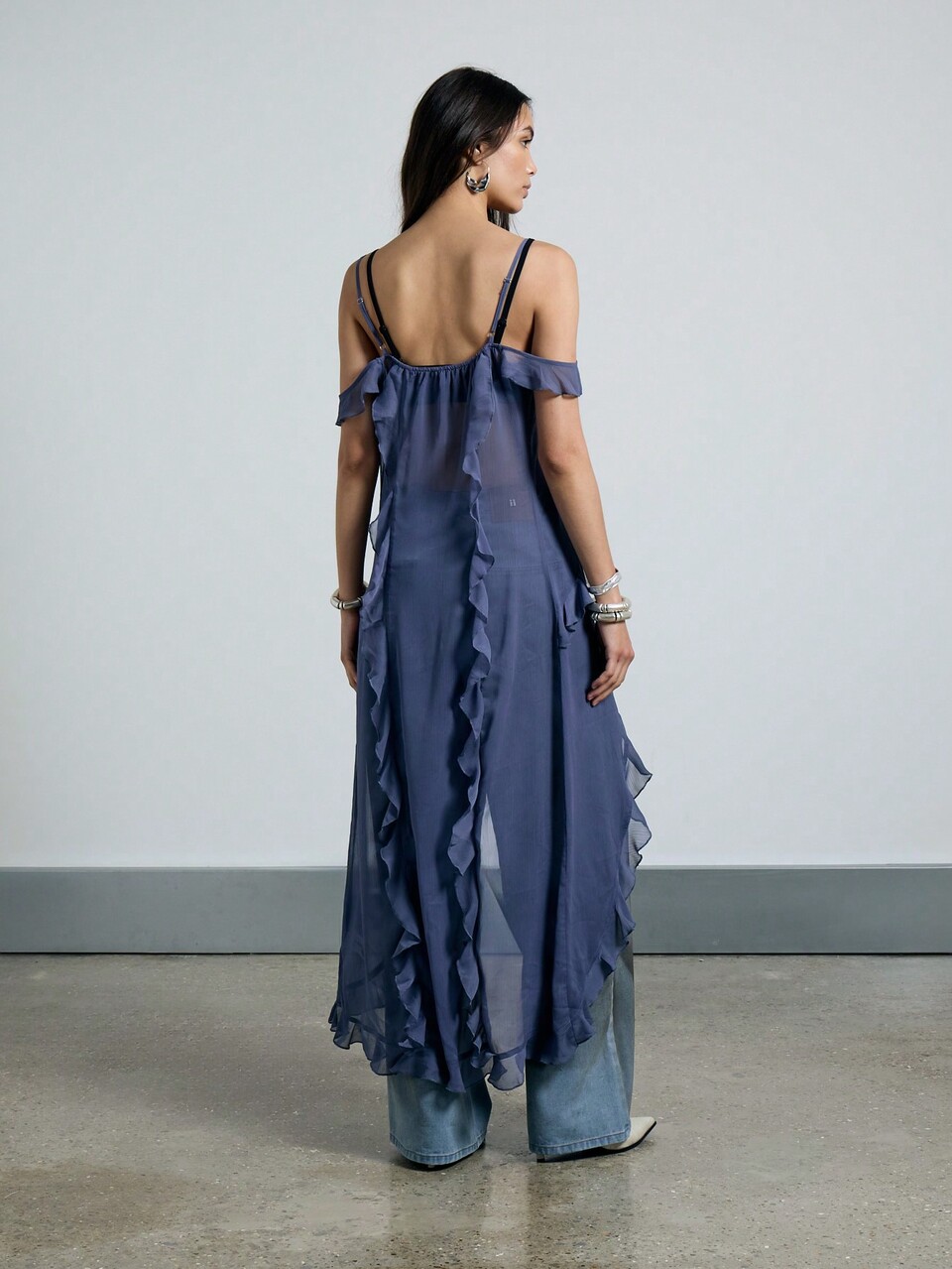 AiiRZ Boho Sheer Asymmetrical Length Ruffle Tie Front Top