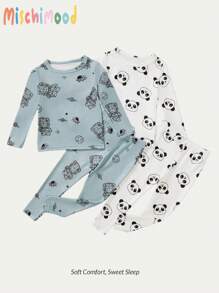 4 件套新生男婴紧身休闲服装套装：数码印花太空熊圆领长袖衬衫 + 配套印花裤，数码熊猫印花圆领长袖衬衫 + 配套印花裤 - 彩色 - 查看 1
