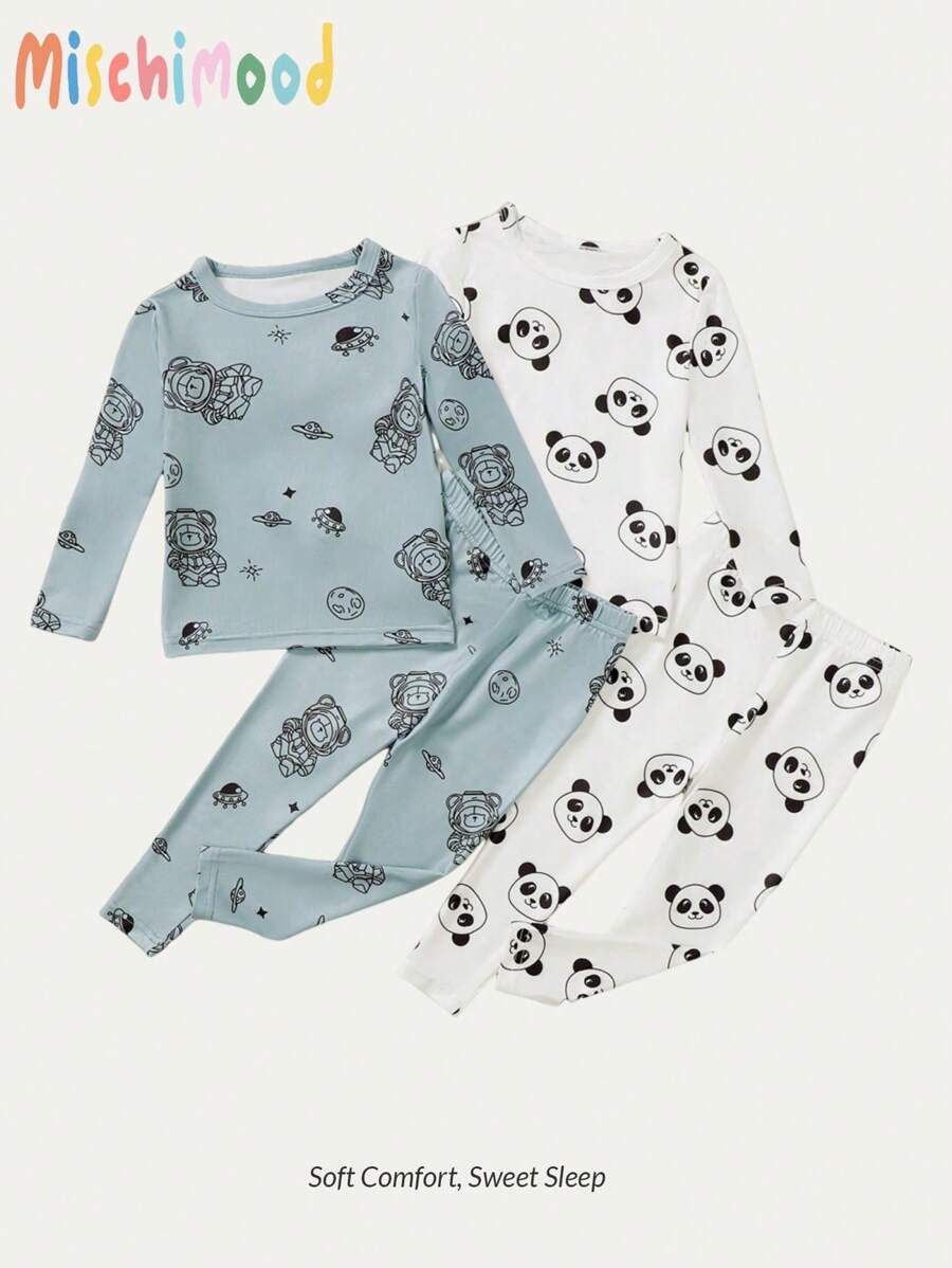 4 件套新生男婴紧身休闲服装套装：数码印花太空熊圆领长袖衬衫 + 配套印花裤，数码熊猫印花圆领长袖衬衫 + 配套印花裤 - 彩色 - 查看 1