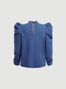 SHEIN Blue Denim Butterfly Detail Stand Collar Gigot Sleeve Blouse For Teen Girls