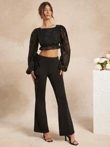 L'Amorae Áo cánh ngắn viền bèo nhún có ren phía sau - màu đen - Xem 5