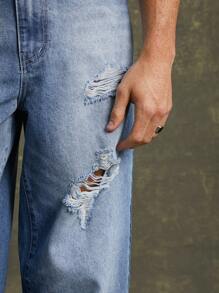 Men Premium 91% Cotton Denim Ripped Straight Leg Jeans