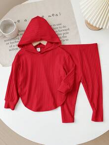 SHEIN 女婴舒适针织纯色连帽上衣和松紧腰裤 2 件/套，秋冬 - 紅色 - 查看 3
