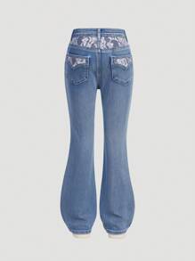 Tween Girls Retro High-Stretch Flared Distressed Denim Jeans With Contrast Lace - Medium Wash - View 2