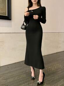DAZY Vestido tipo body con hombros abiertos hasta la mitad de la pantorrilla, elegante para otoño e invierno