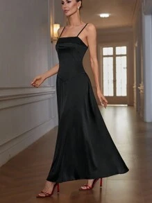 SHEIN Privé Elegant Party Style Adjustable Waist Design Sleeveless Dress With Long Flared Hem - Black - View 4