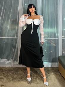 Flirla Vestido longo plus size sexy, com recortes de renda, manga longa, costas abertas, amarração frontal, para mulheres