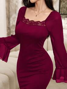 Modelyn 勃艮第红女士优雅纯色蕾丝边喇叭袖美人鱼下摆连衣裙，秋季 - 酒紅色 - 查看 8