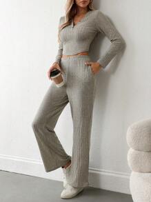 Chiquease 2pcs Women's Solid Color Long Sleeve Simple Casual Knit Top And Pants Set