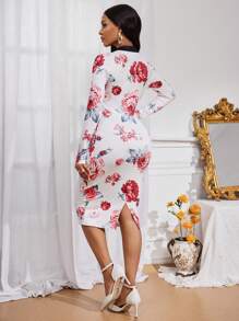 SHEIN Lady Floral Print V Neck Fitted Dress, Elegance For Autumn/Winter - Multicolor - View 2