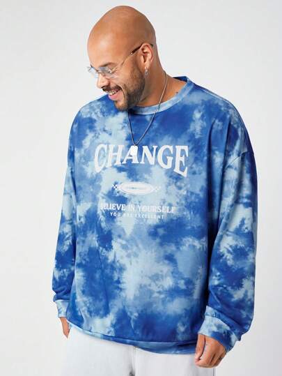 Manfinity VCAY Plus Size Men Loose Fit Round Neck Long Sleeve Faux Tie-Dye Letter Knitted Sweatshirt, For Fall Winter