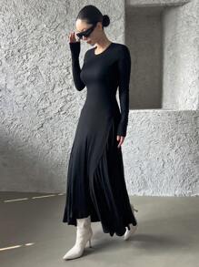 DAZY 1pc Women's Midi Length Backless Asymmetrical Hem Dress,Casual Women Dresses,Fall Dress Long Sleeve Dress - Black - View 7
