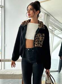 SHEIN Privé 女士常规款豹纹拼接夹克