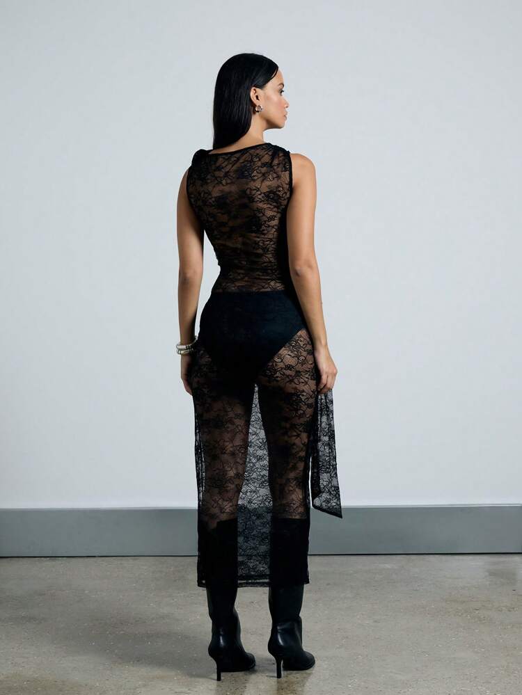 Sheer Lace See-Through Sleeveless Flower Detail Midi Dress With Knickers