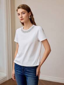 MOTF PREMIUM RHINESTONE DETAIL SHORT SLEEVE TEE - White - View 6