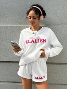INAWLY 2pcs Women's Floral Letter Print Loose Crew Neck Sweatshirt And Shorts Set, Spring/Fall - White - View 6
