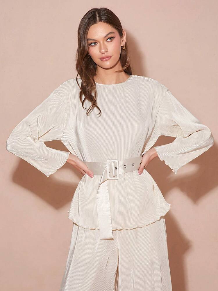 1pc Women Casual Solid Color Pleated Long Sleeve Blouse, Autumn