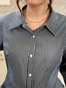 Easura Áo sơ mi sọc thường ngày cỡ lớn, mùa thu - Nhiều màu - Xem 3