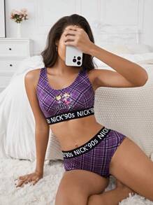 Nick 90s | SHEIN Purple Plaid & Cartoon Print, Cute, Comfy Basic Sports Bra & Panty Set For Women - Purple - View 1